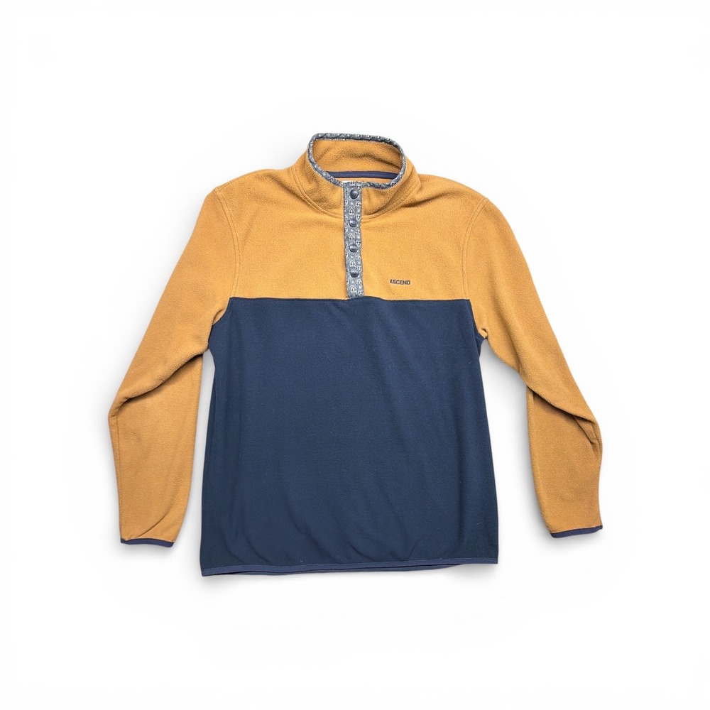 Ascend Mens Fleece Pullover Snap Neck Aztec Colorblock Mustard Navy Blue Large